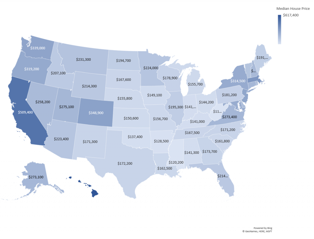 Map of the US with median house price by state