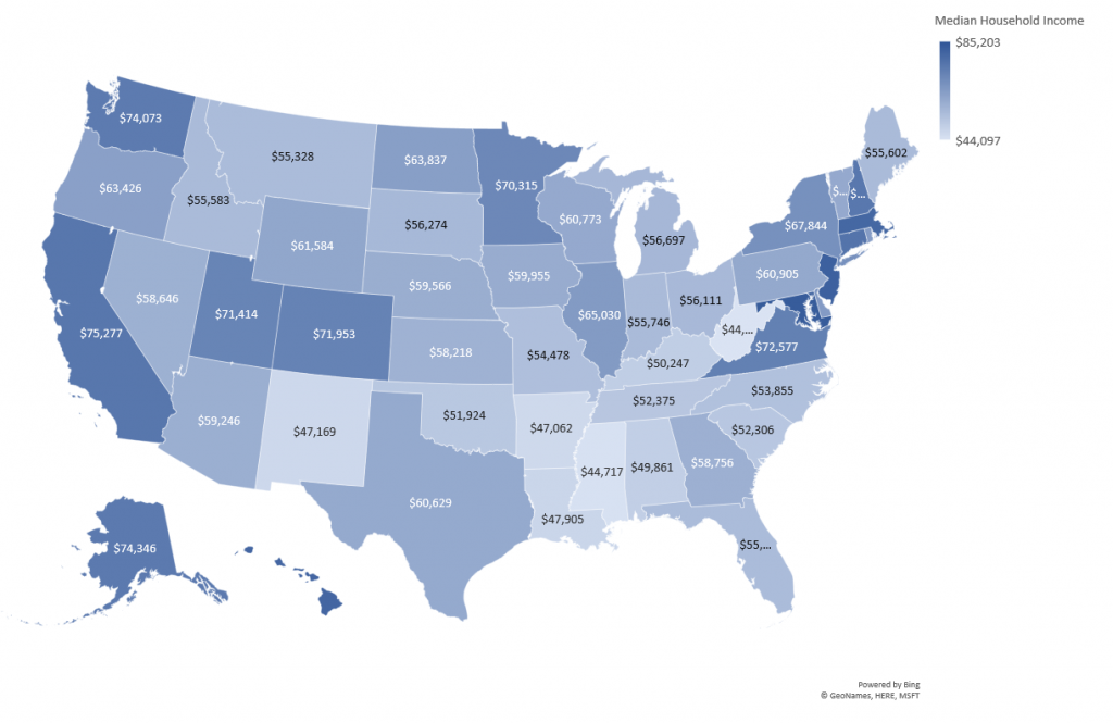 Map of the US with median income by state
