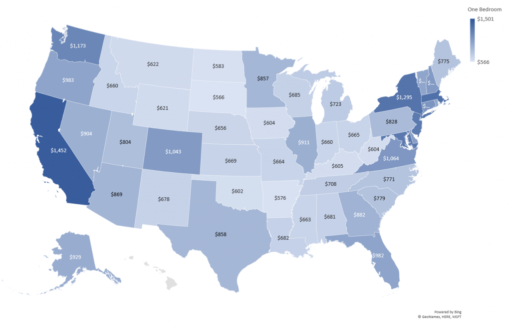 Map of the us with median rent by state