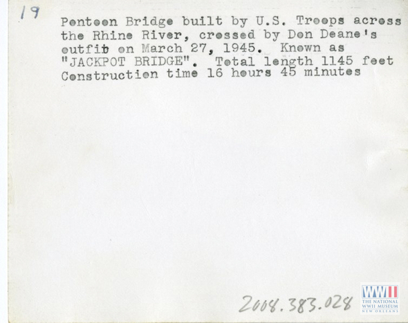 Back note of a postcard displaying Rhine river pontoon bridge, 1945