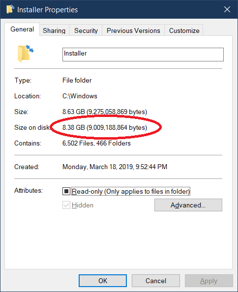 Windows Installer occupies 9 GB of disk space