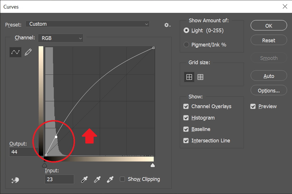 Photoshop curves adjustment to stretch the histogram