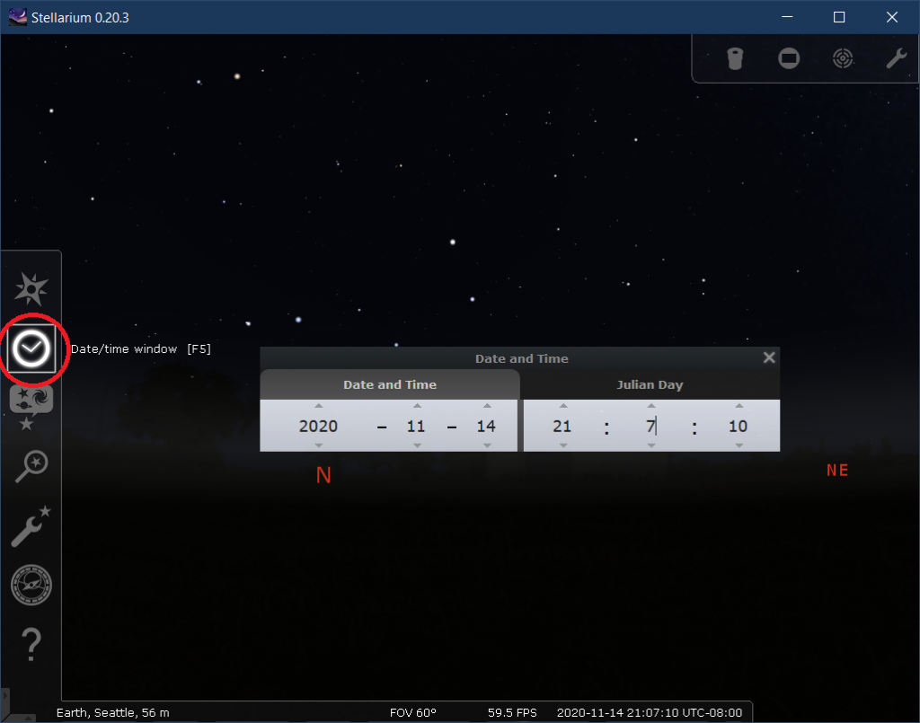 Stellarium date and time selection