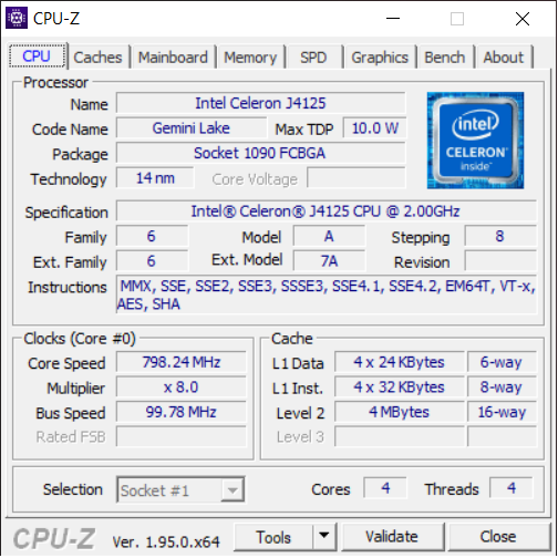 GMK NucBox CPU-Z Page 1 showing base CPU information