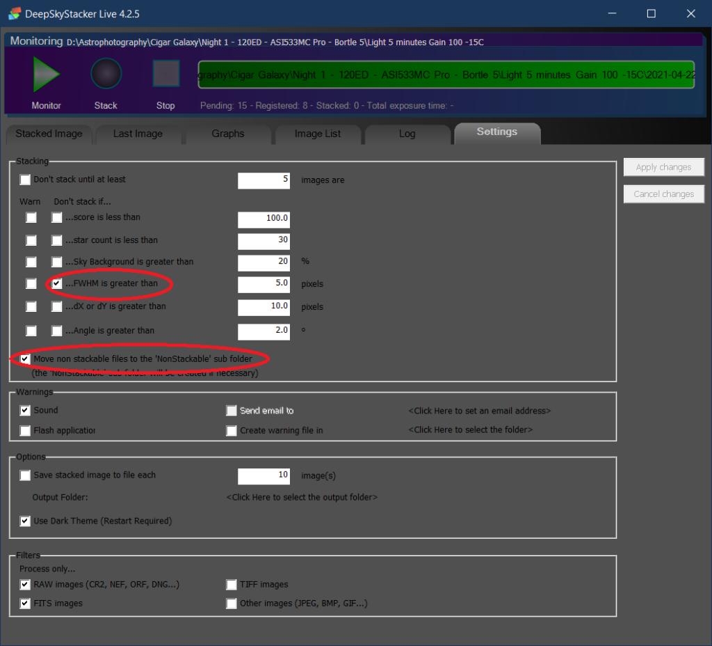 DeepSkyStacker Live settings for automatic sub classification