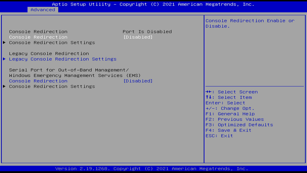 Serial Port Console Redirection Page