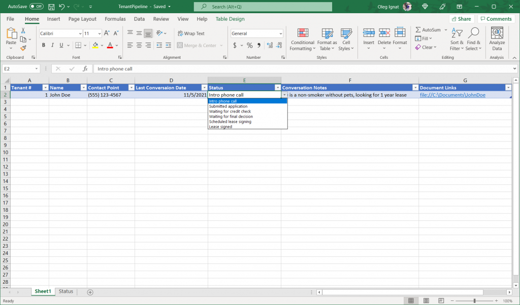 Tenant pipeline spreadsheet
