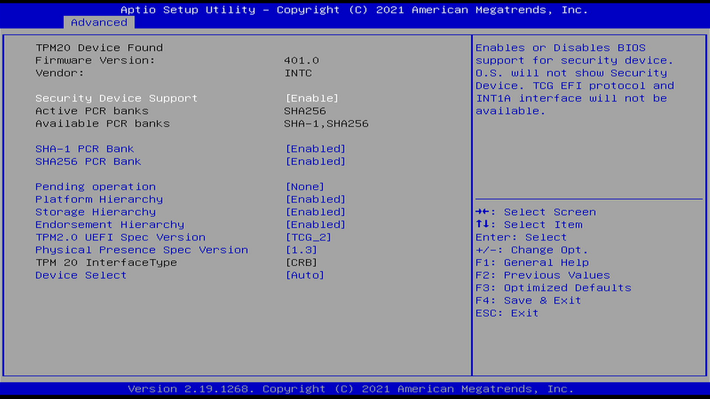 Advanced > TPM Configuration page after the upgrade