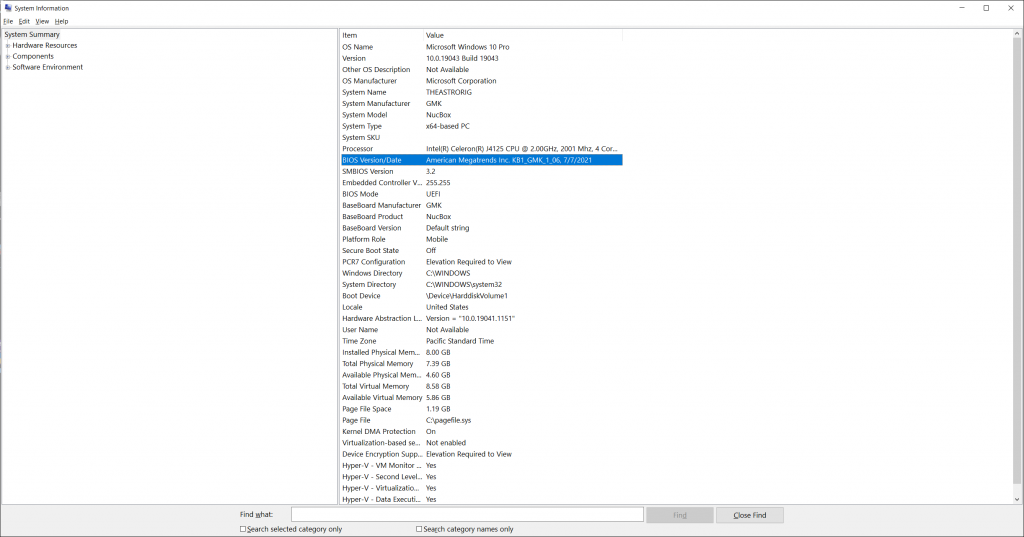 System Information tool after GMK Nucbox upgrade