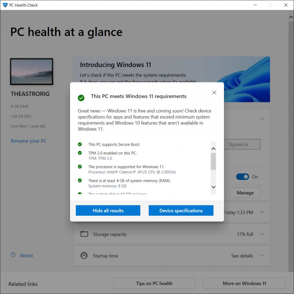 Windows 11 upgrade compatibility for Intel J4125 CPU