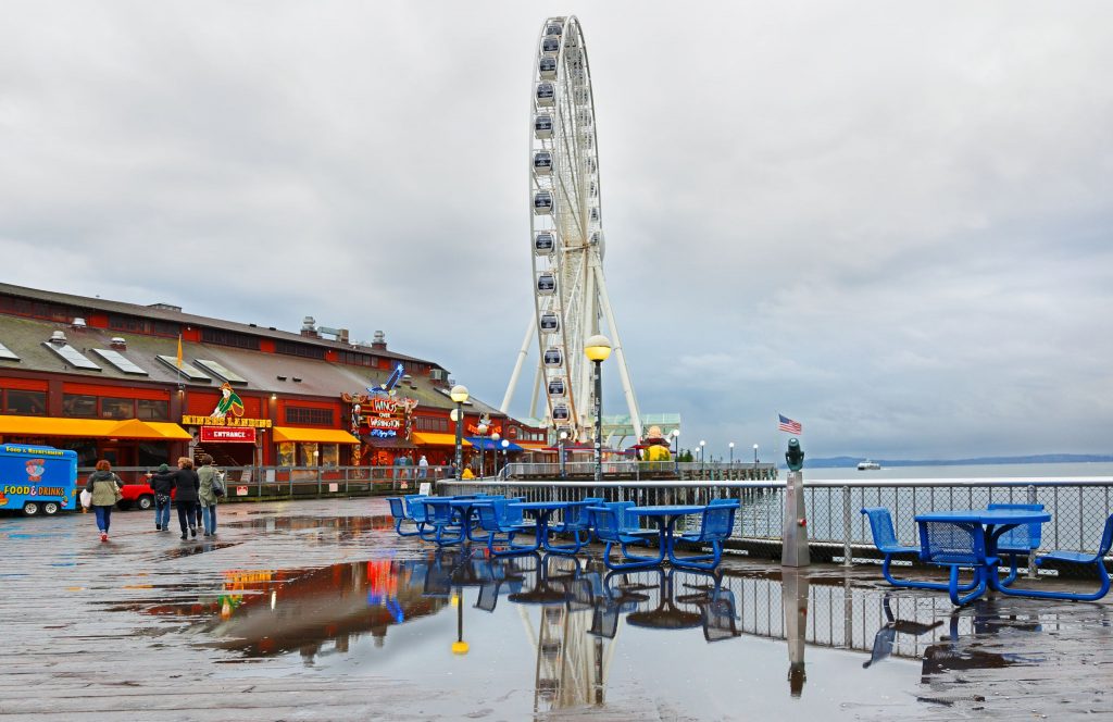 Rainy Seattle downtown view of the Ferris wheel